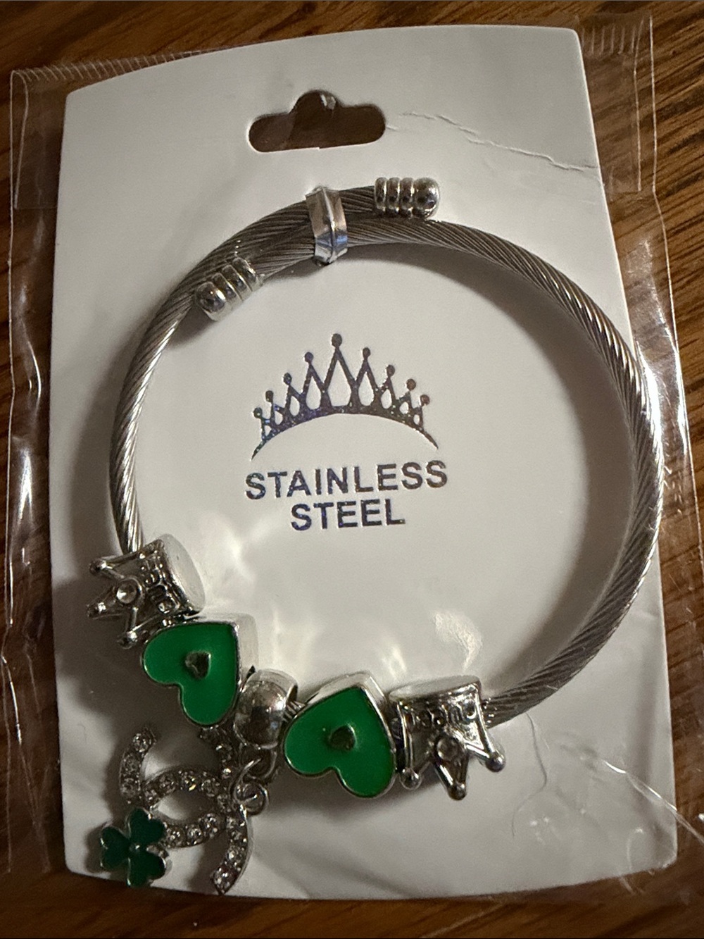 Stainless Steel Green Heart Charm Bangle Bracelet